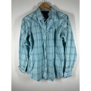 Ariat Shirt Womens Medium Blue Green Plaid Western Pearl Snap Cowboy Rodeo